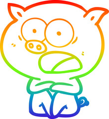 rainbow gradient line drawing of a shocked cartoon pig sitting down