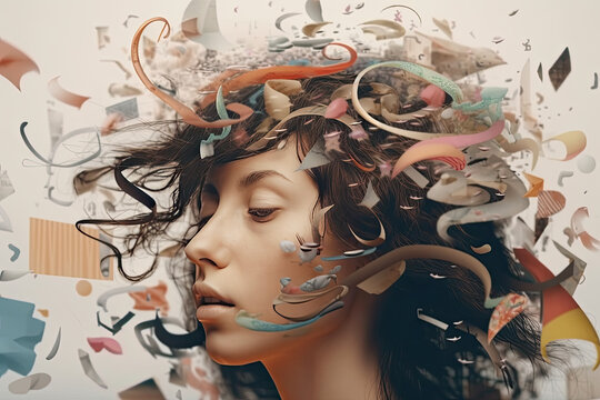 Confident girl with hurricane of thoughts and creative mind, created with Generative AI