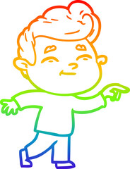 rainbow gradient line drawing of a happy cartoon man pointing