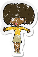 retro distressed sticker of a cartoon woman giving thumbs up symbol