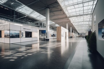 3D rendering of an exhibition center with no people, suitable for exhibition stands. Generative AI - obrazy, fototapety, plakaty