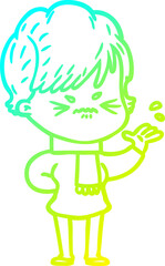 cold gradient line drawing of a cartoon frustrated woman