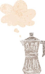cartoon espresso maker with thought bubble in grunge distressed retro textured style