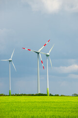 Cover page over beautiful green field farm landscape and wind turbines to produce green energy in Germany, at dramatic rainy sky but sunny day