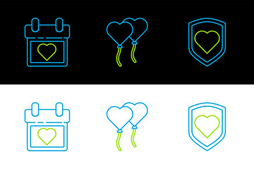 Set line Heart with shield, Calendar heart and Balloons in form of icon. Vector