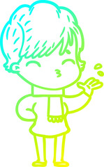 cold gradient line drawing of a cartoon woman thinking