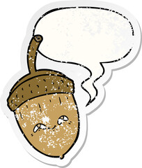 cartoon acorn with speech bubble distressed distressed old sticker