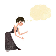 cartoon woman in dress gesturing with thought bubble