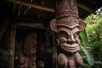Cultural wooden carvings, like tikis, board paddles or canoe prows and sterns arranged artfully around a thatched roof hut. Generative AI