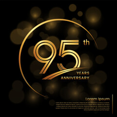 95th Anniversary logo design with double line numbers. Golden number and ring for anniversary celebration event, invitation, poster, banner, flyer, web template. Logo Vector Template