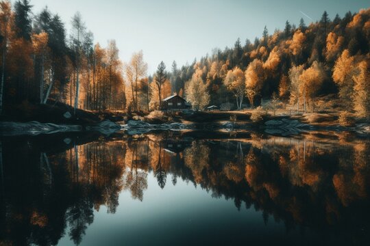 A reflection of a fall landscape featuring a lake in Sweden. Generative AI