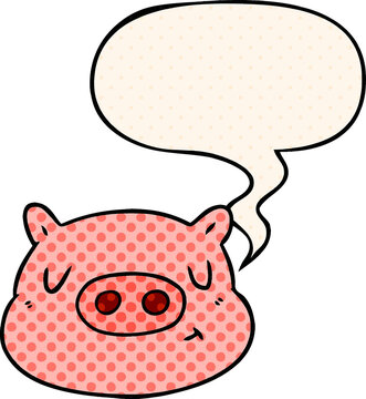 cartoon pig face with speech bubble in comic book style