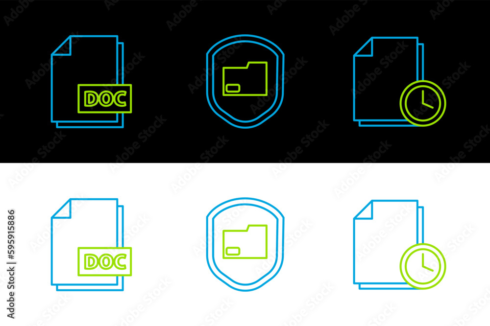 Poster set line document with clock, doc file document and folder protection icon. vector