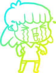 cold gradient line drawing of a cartoon woman in tears