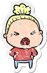 distressed sticker of a cartoon angry old woman