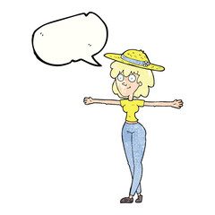 freehand speech bubble textured cartoon woman spreading arms