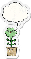 cartoon flower with thought bubble as a distressed worn sticker