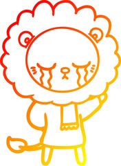 warm gradient line drawing of a crying cartoon lion