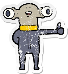 distressed sticker of a friendly cartoon alien