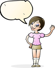 cartoon waving woman with speech bubble