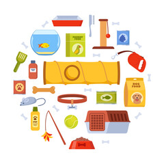 Pet accessories and food set. Dogs and cats supplies, pet shop equipment, toys, home, bowl, cage, scratching post, ball, collar, dog bed. Pet care equipment. Vector illustration.