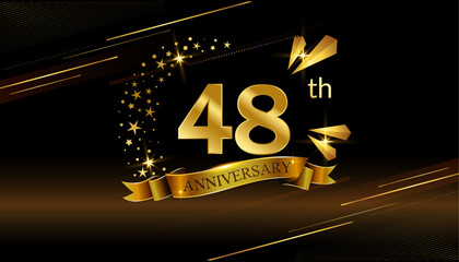 48th anniversary logo with golden ring, confetti and Gold ribbon isolated on elegant black background, sparkle, vector design for greeting card and invitation card