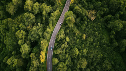 aerial perspective of a winding forest road Generative AI - obrazy, fototapety, plakaty