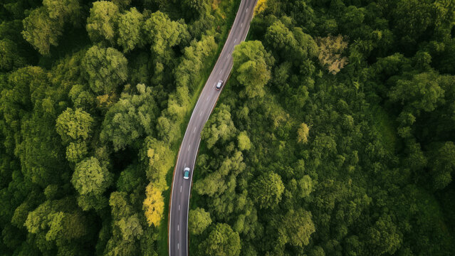 aerial perspective of a winding forest road Generative AI