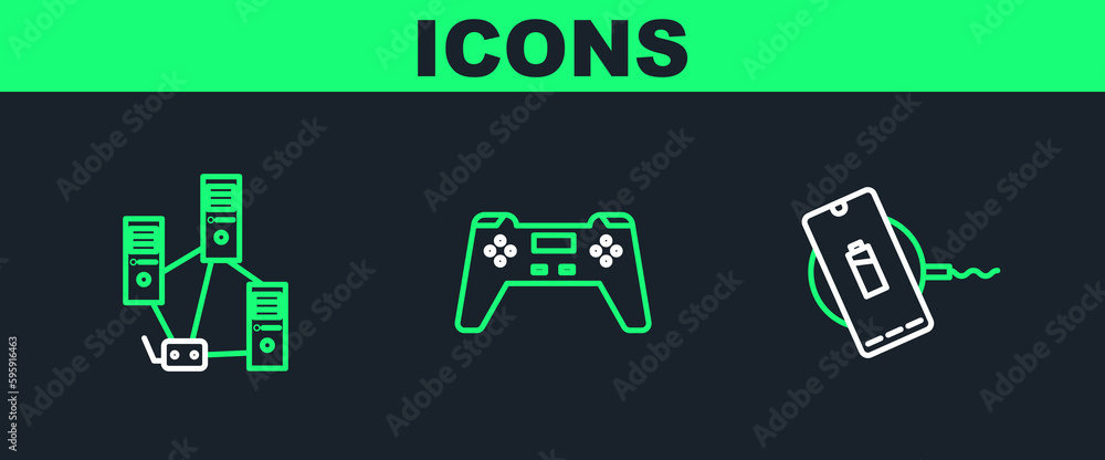 Poster set line wireless charger, computer network and gamepad icon. vector