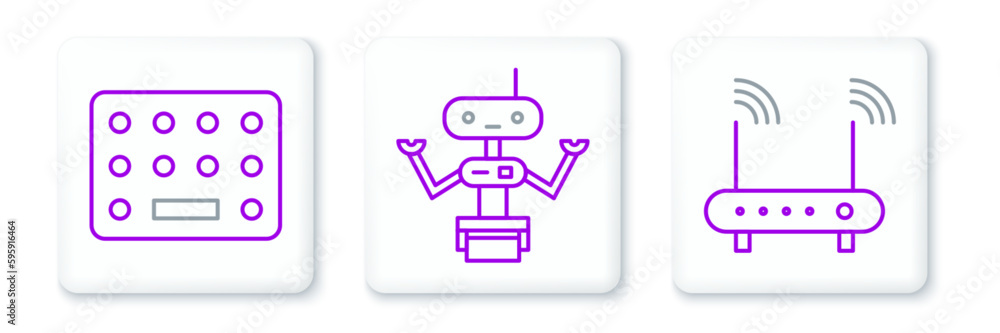 Poster set line router and wi-fi signal, pills in blister pack and robot icon. vector
