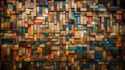 Surface with wooden bars. multi-colored different shapes. Generative AI