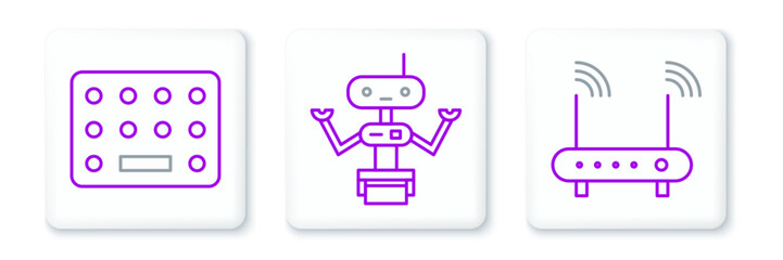 Set line Router and wi-fi signal, Pills in blister pack and Robot icon. Vector