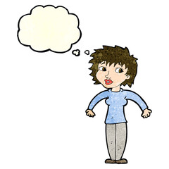 cartoon woman shrugging shoulders with thought bubble