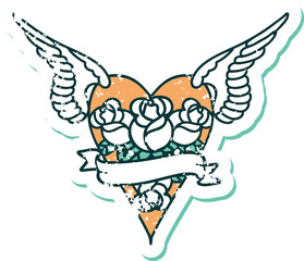 iconic distressed sticker tattoo style image of a flying heart with flowers and banner