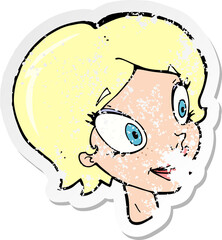 retro distressed sticker of a cartoon pretty female face