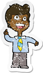 retro distressed sticker of a cartoon school boy raising hand