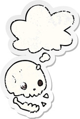 cartoon spooky skull with thought bubble as a distressed worn sticker