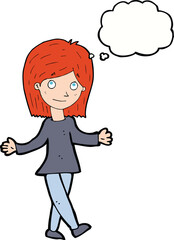 cartoon woman with no worries with thought bubble