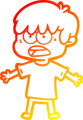 warm gradient line drawing of a worried cartoon boy