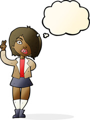 cartoon cool girl giving peace sign with thought bubble