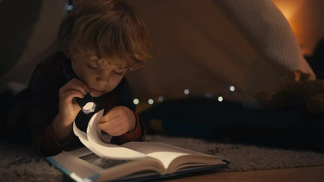 Cute little boy reading a book with flashlight in a blanket fort at home, hobby