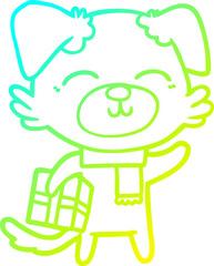 cold gradient line drawing of a cartoon dog ready for xmas