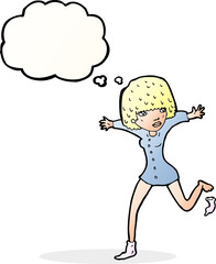 cartoon woman kicking off sock with thought bubble