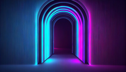 Abstract Geometric Background with Pink and Blue Neon Lines Glowing in the Dark (Generative AI)