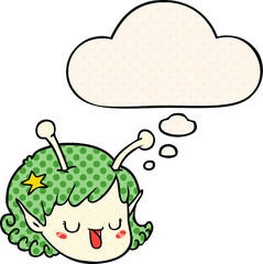 cartoon alien space girl face with thought bubble in comic book style