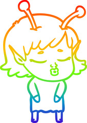 rainbow gradient line drawing of a cute alien girl cartoon