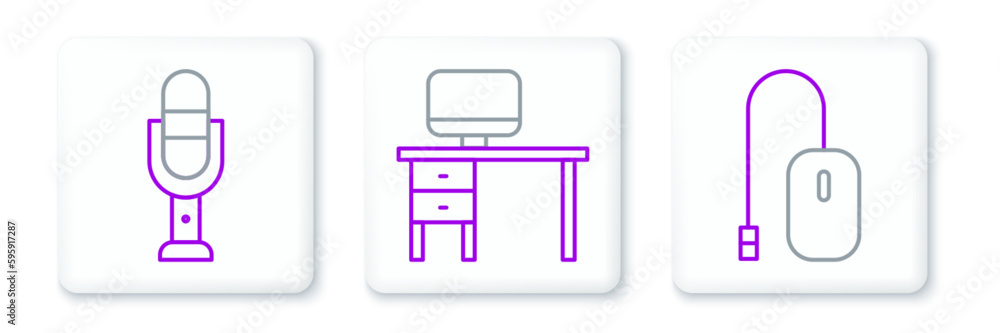 Poster set line computer mouse, microphone and monitor and desk icon. vector