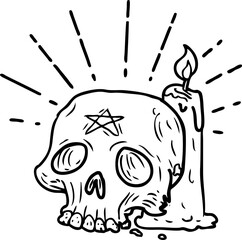 illustration of a traditional black line work tattoo style spooky skull and candle