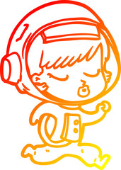 warm gradient line drawing of a cartoon pretty astronaut girl running