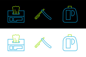 Set line Bottles for cleaning agent, Wet wipe pack and Straight razor icon. Vector